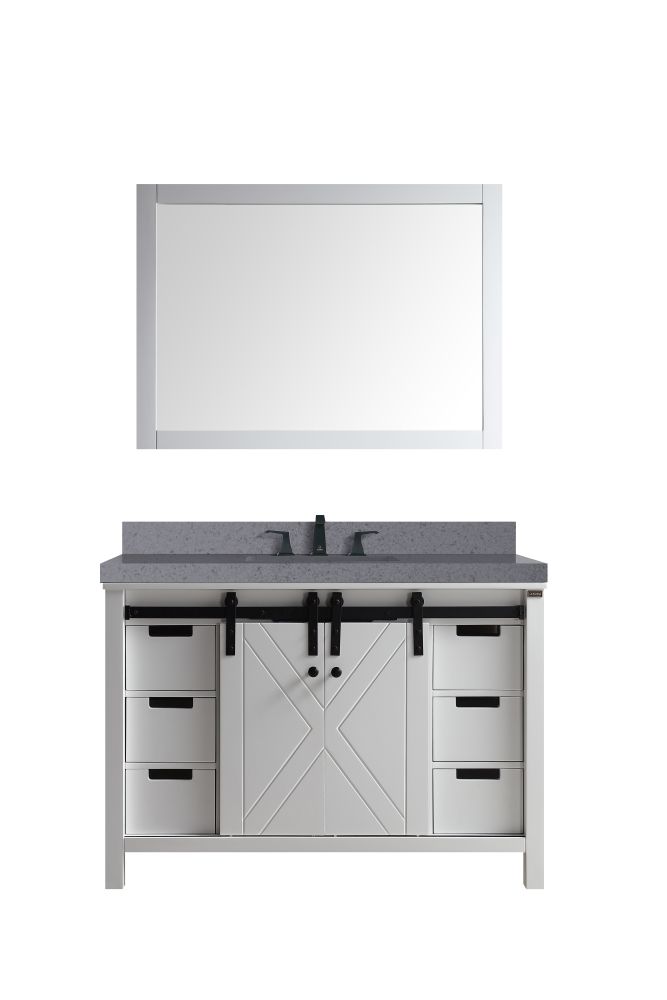 Marsyas 48 in W x 22 in. D White Bath Vanity, Grey Quartz Countertop, Faucet Set and 44 in Mirror