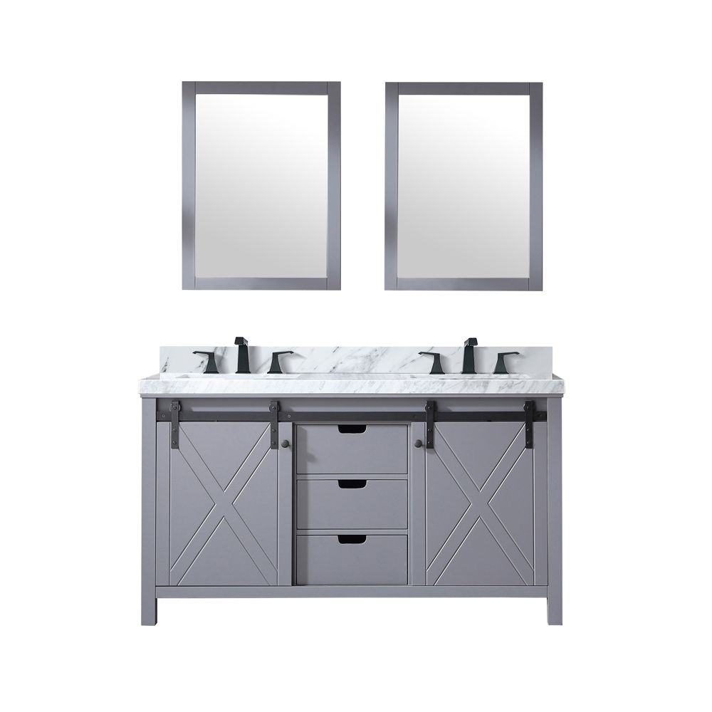 Marsyas 60 in W x 22 in. D Dark Grey Double Bath Vanity, Carrara Marble Countertop, Faucet Set and 24 in Mirrors