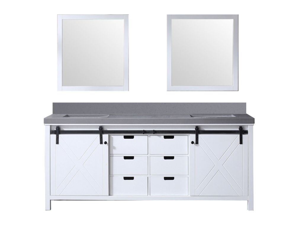 Marsyas 80 in W x 22 in. D White Double Bath Vanity, Grey Quartz Countertop and 30 in Mirrors