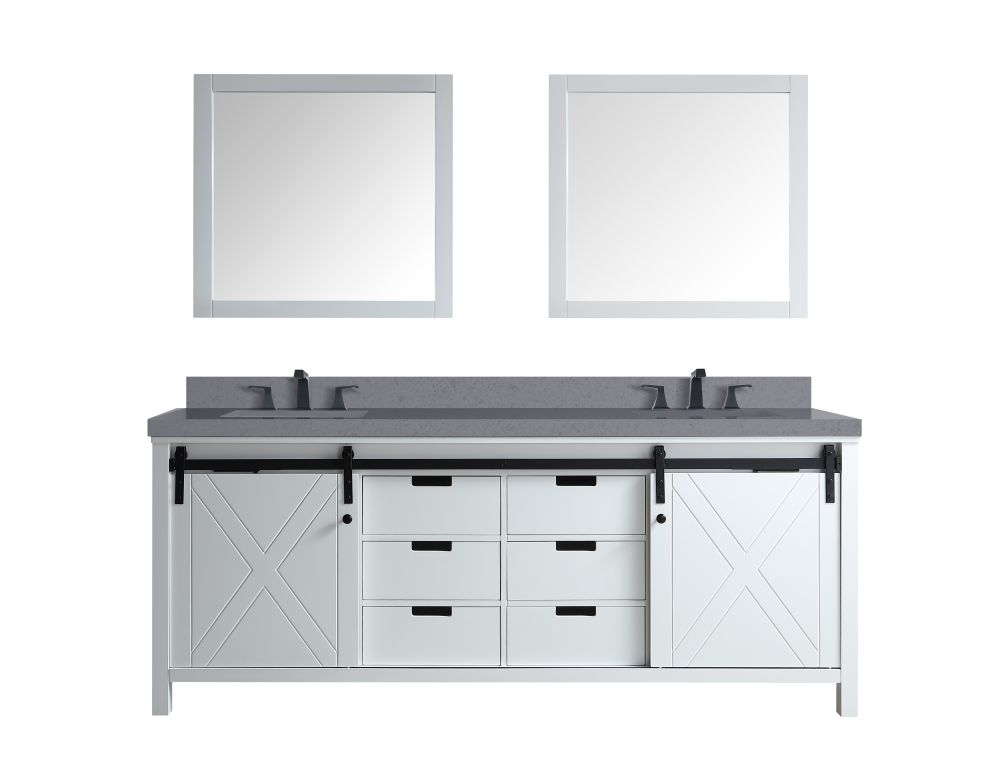 Marsyas 80 in W x 22 in. D White Double Bath Vanity, Grey Quartz Countertop, Faucet Set and 30 in Mirrors