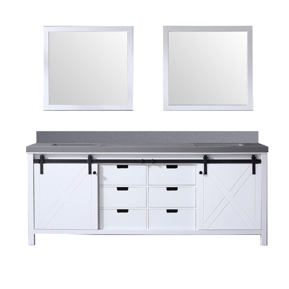 Marsyas 84 in W x 22 in. D White Double Bath Vanity, Grey Quartz Countertop, Faucet Set and 34 in Mirrors