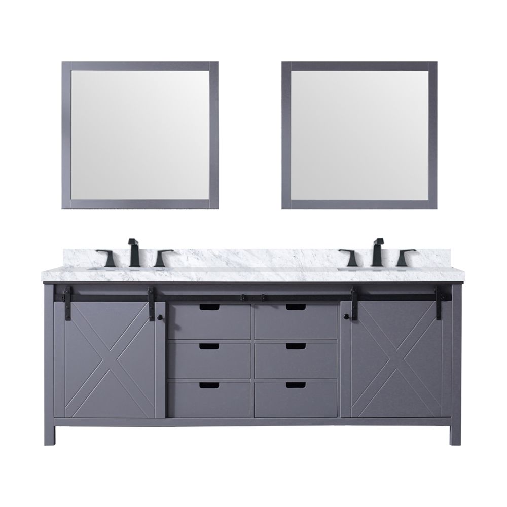 Marsyas 84 in W x 22 in. D Dark Grey Double Bath Vanity, Carrara Marble Countertop, Faucet Set and 34 in Mirrors