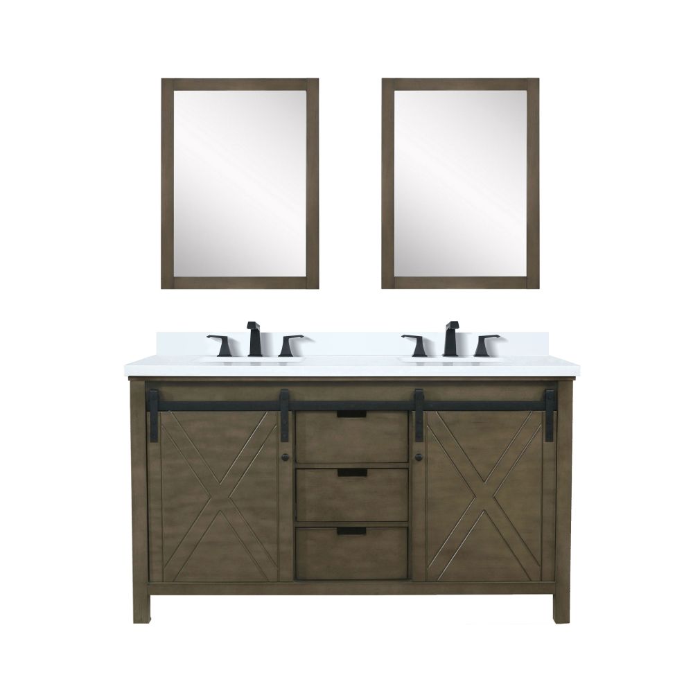Marsyas 60 in W x 22 in. D Rustic Brown Double Bath Vanity, Cultured Marble Countertop, Faucet Set and 24 in Mirrors