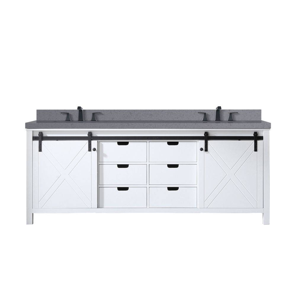 Marsyas 84 in W x 22 in. D White Double Bath Vanity, Grey Quartz Countertop and Faucet Set