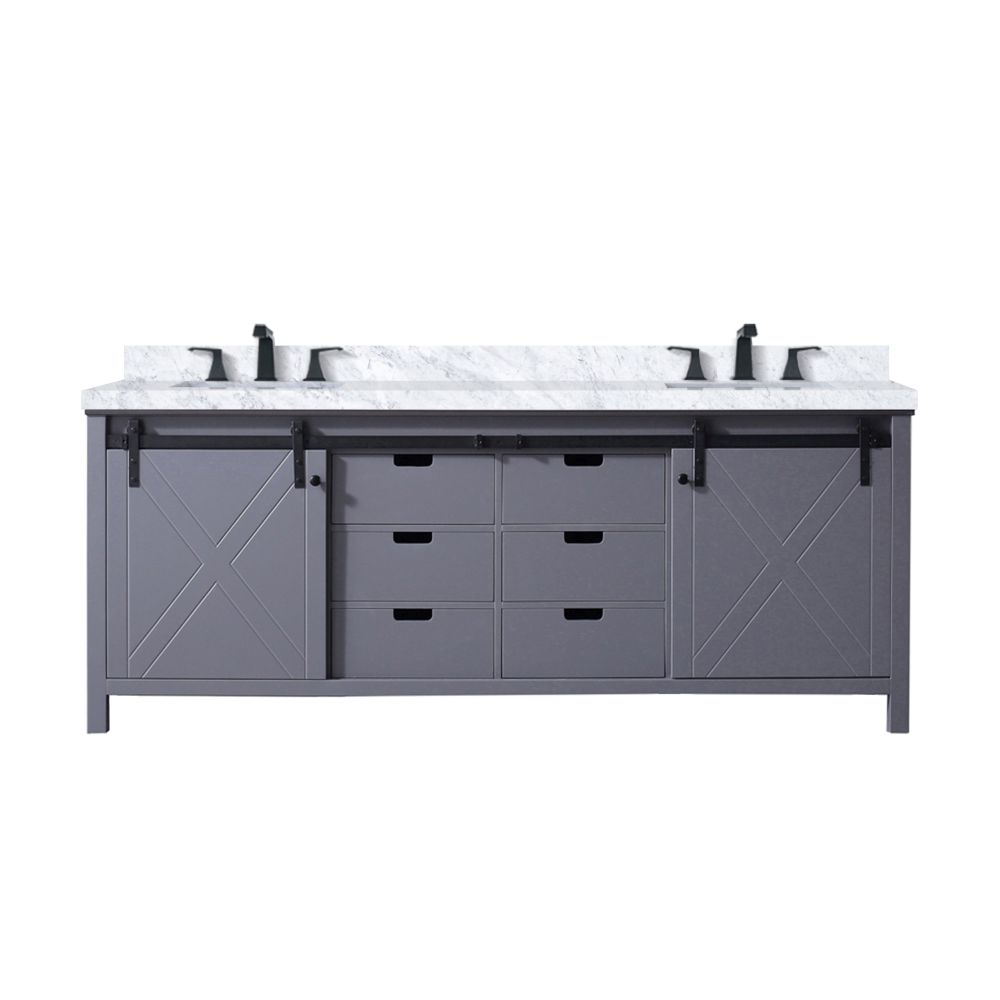 Marsyas 84 in W x 22 in. D Dark Grey Double Bath Vanity, Carrara Marble Countertop and Faucet Set