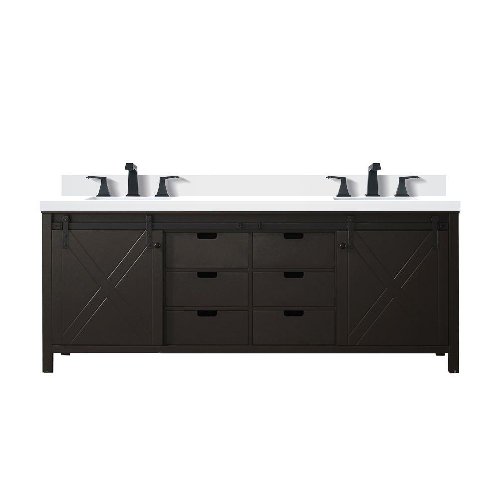 Marsyas 84 in W x 22 in. D Brown Double Bath Vanity, White Quartz Countertop and Faucet Set
