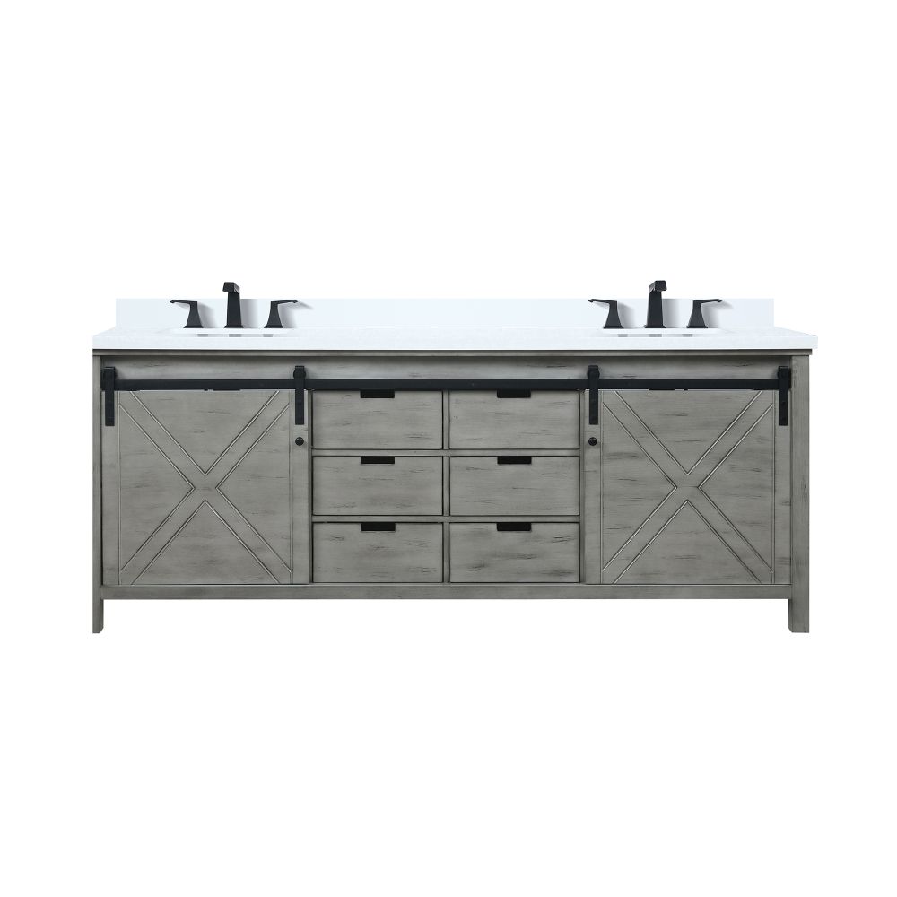 Marsyas 84 in W x 22 in. D Ash Grey Double Bath Vanity, White Quartz Countertop and Faucet Set