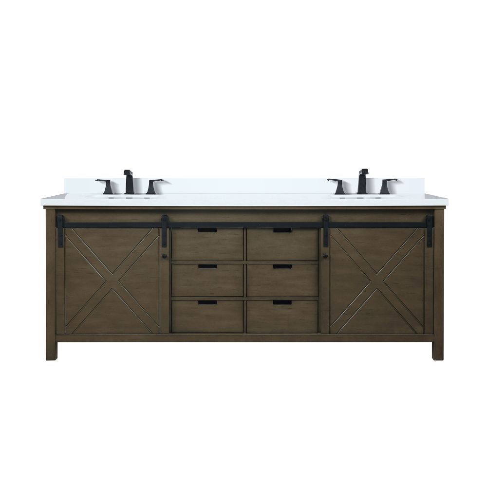 Marsyas 84 in W x 22 in. D Rustic Brown Double Bath Vanity, White Quartz Countertop and Faucet Set