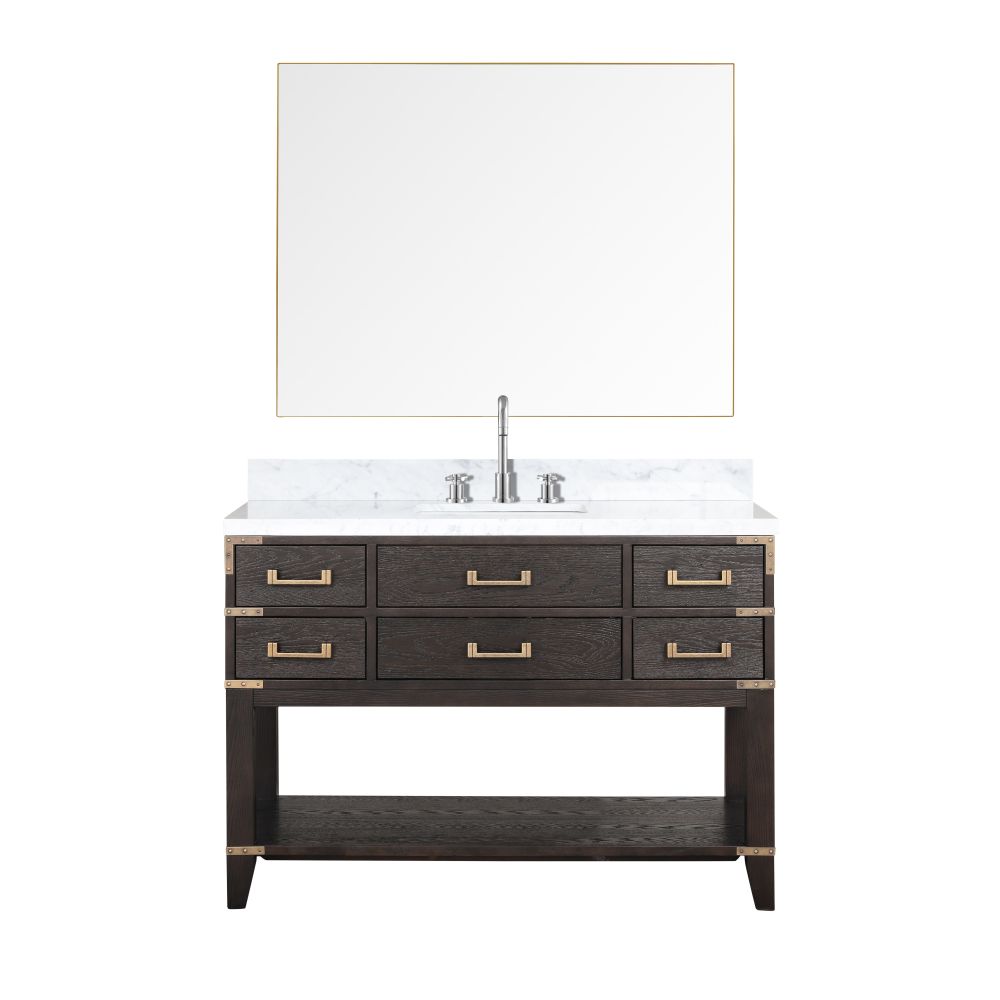 Norwalk 48 in W x 22 in. D Brown Oak Single Bath Vanity, Carrara Marble Top, Faucet Set, and 46 in Mirror