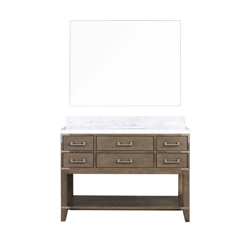 Norwalk 48 in W x 22 in. D Grey Oak Single Bath Vanity, Carrara Marble Top, and 46 in Mirror