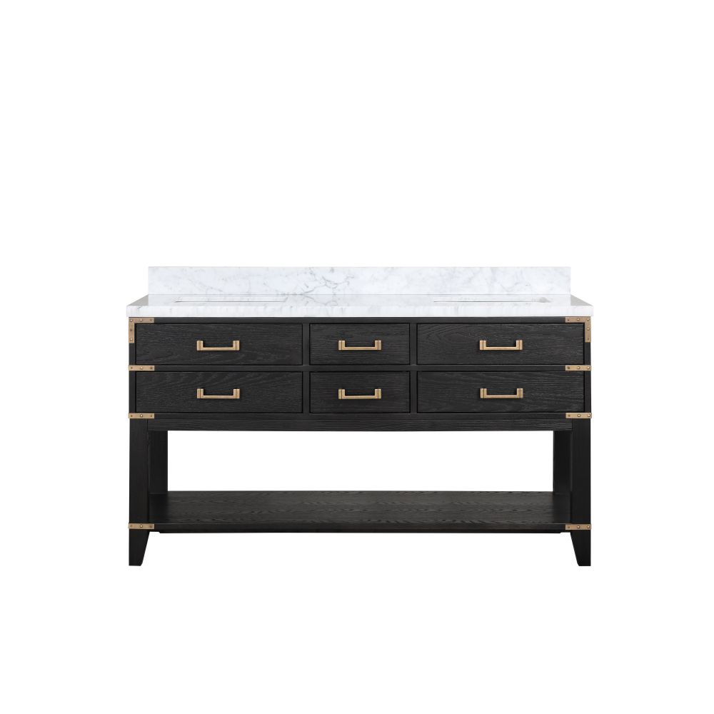 Norwalk 60 in W x 22 in. D Black Oak Double Bath Vanity and Carrara Marble Top