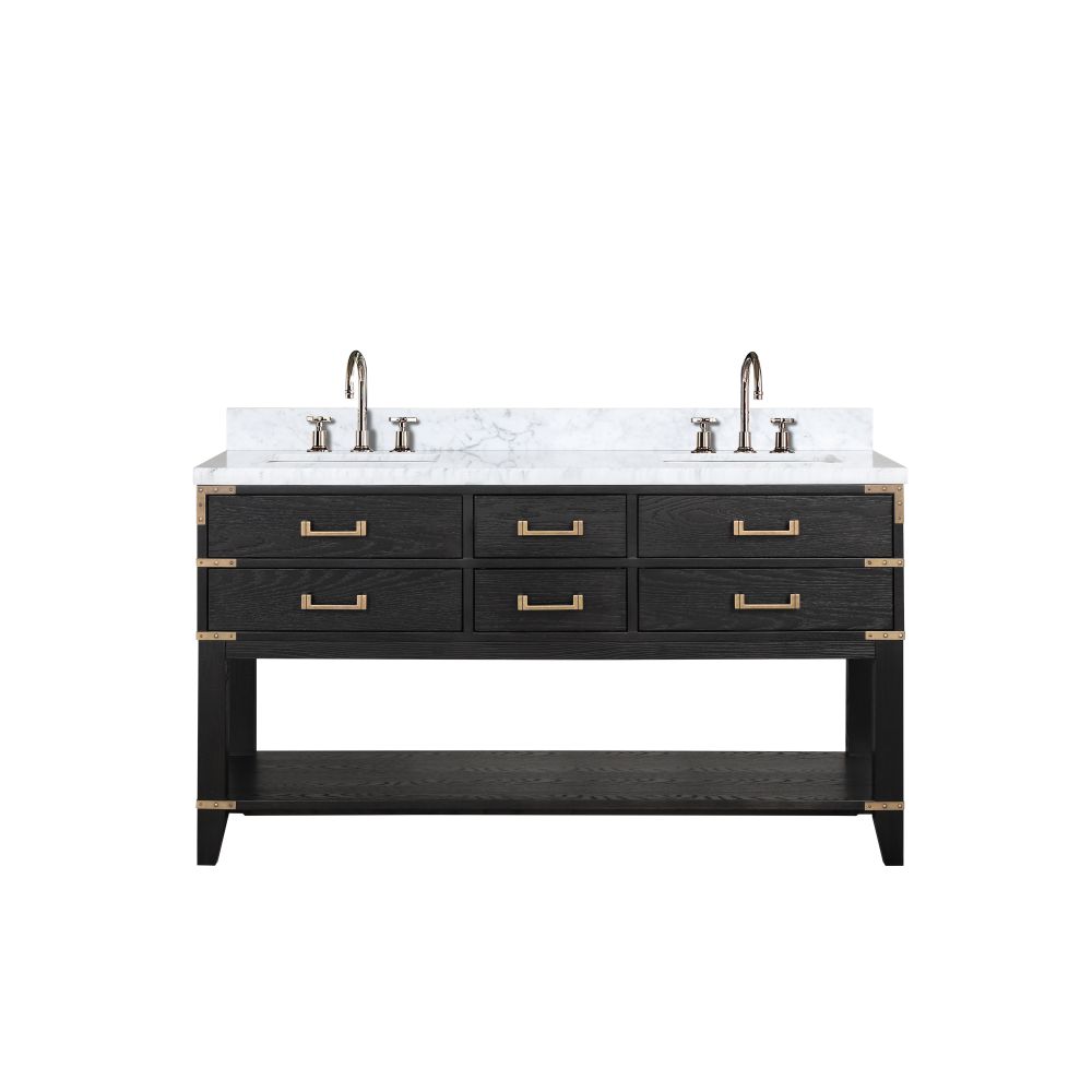 Norwalk 60 in W x 22 in. D Black Oak Double Bath Vanity, Carrara Marble Top, and Faucet Set