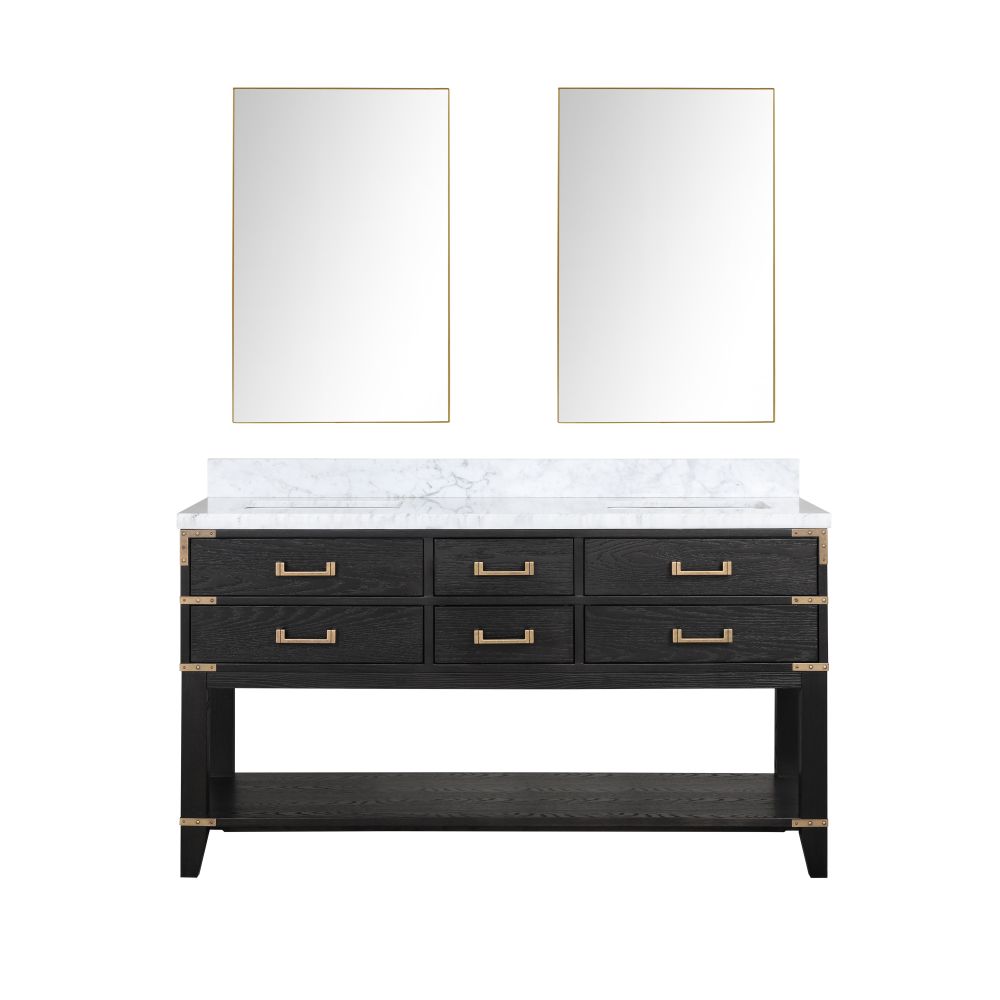 Norwalk 60 in W x 22 in. D Black Oak Double Bath Vanity, Carrara Marble Top, and 28 in Mirrors