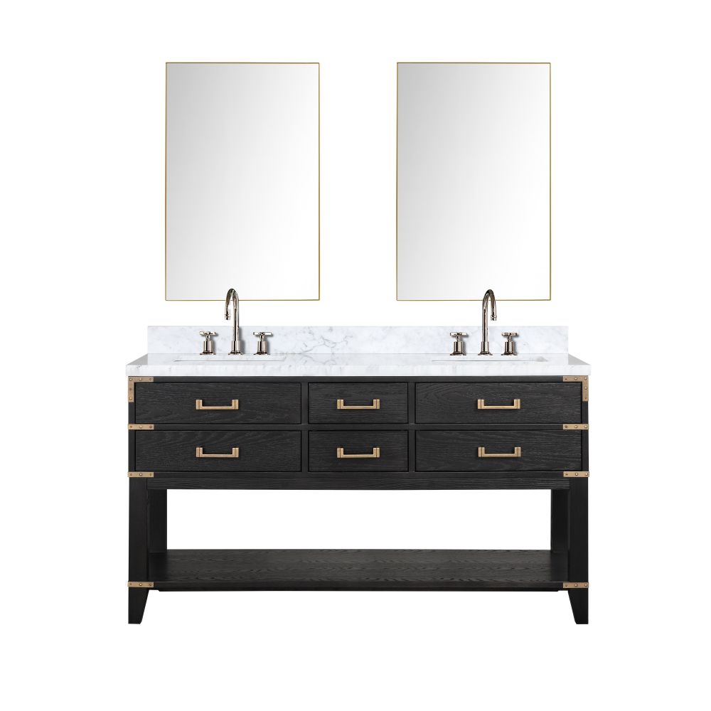 Norwalk 60 in W x 22 in. D Black Oak Double Bath Vanity, Carrara Marble Top, Faucet Set, and 28 in Mirrors