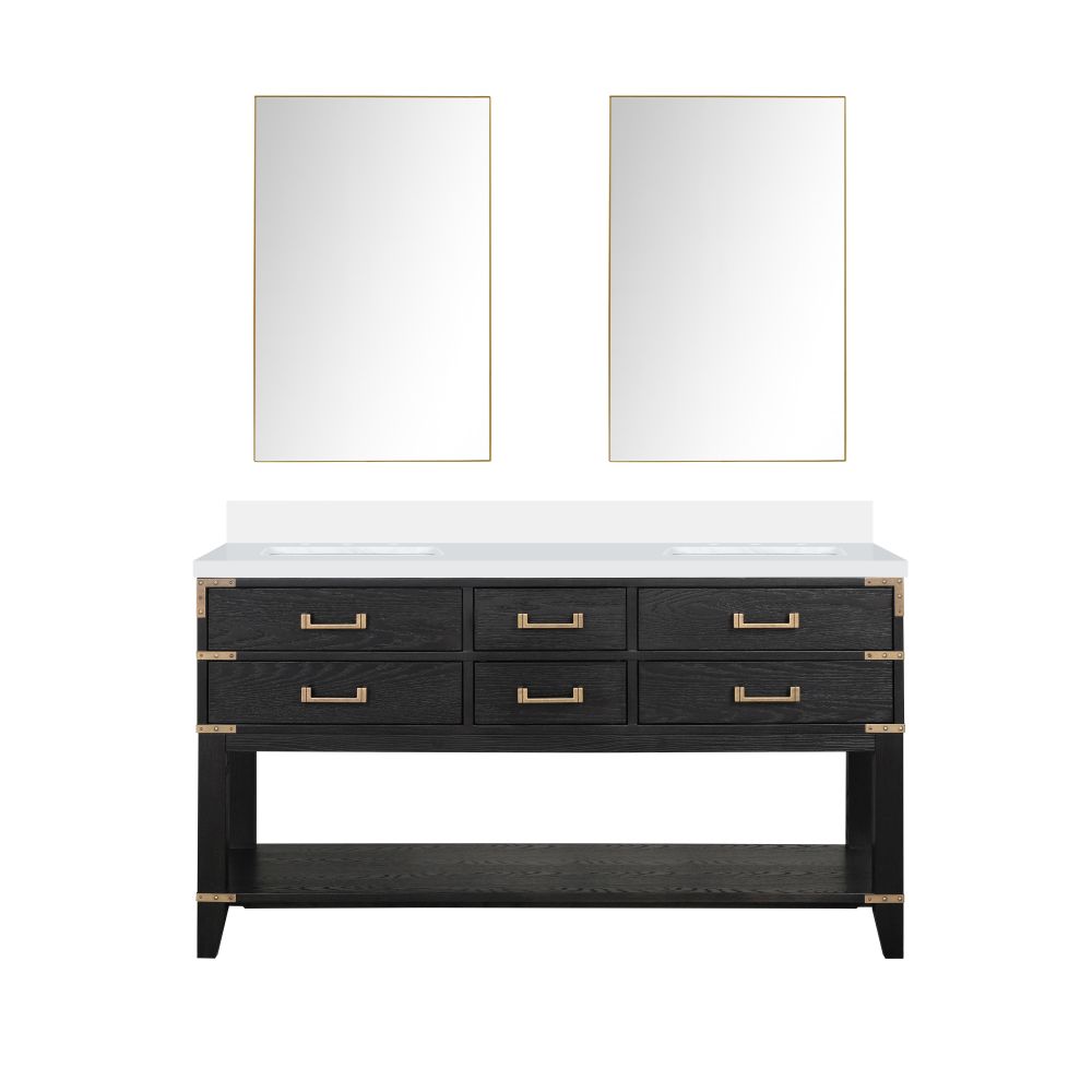 Norwalk 60 in W x 22 in. D Black Oak Double Bath Vanity, White Quartz Top, and 28 in Mirrors