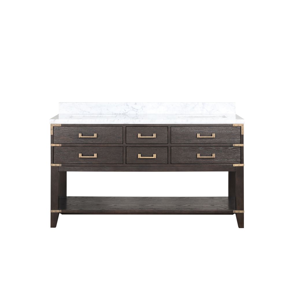 Norwalk 60 in W x 22 in. D Brown Oak Double Bath Vanity and Carrara Marble Top