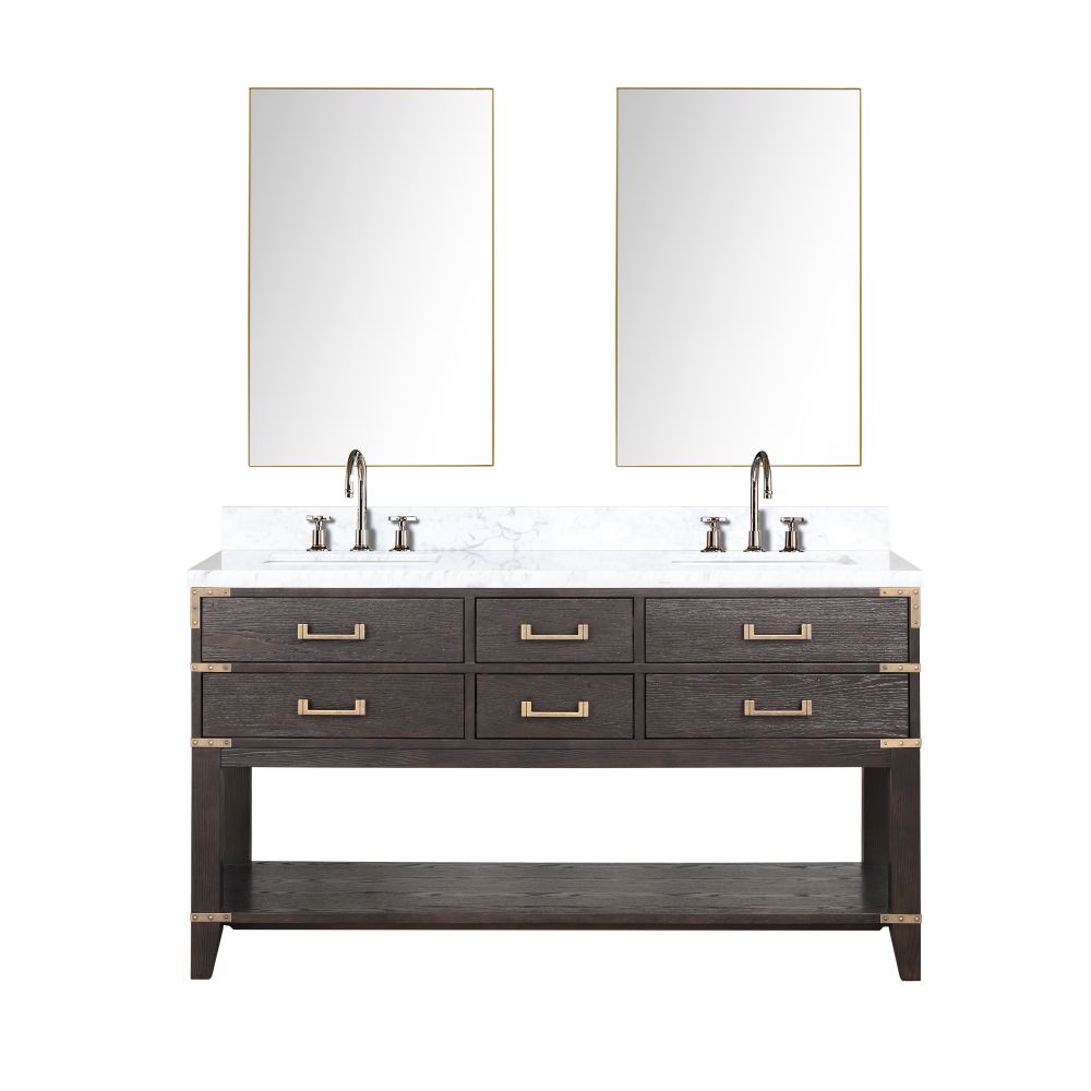 Norwalk 60 in W x 22 in. D Brown Oak Double Bath Vanity, Carrara Marble Top, Faucet Set, and 28 in Mirrors