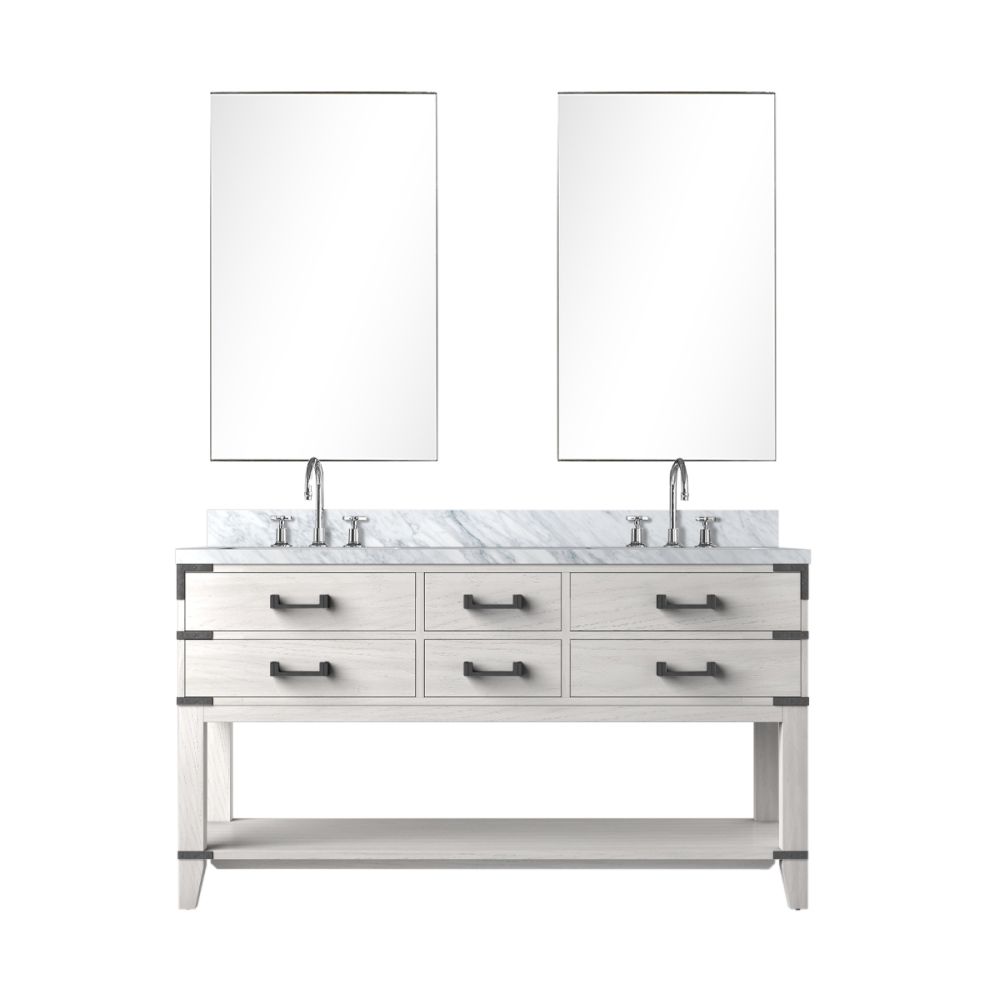 Norwalk 60 in W x 22 in. D White Oak Double Bath Vanity, Carrara Marble Top, Faucet Set, and 28 in Mirrors