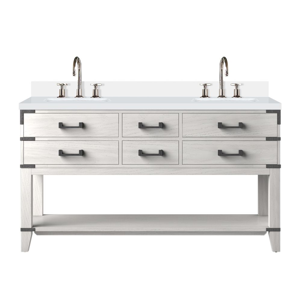 Norwalk 60 in W x 22 in. D White Oak Double Bath Vanity, White Quartz Top, and Faucet Set