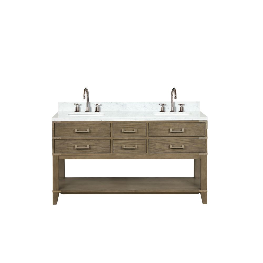 Norwalk 60 in W x 22 in. D Grey Oak Double Bath Vanity, Carrara Marble Top, and Faucet Set