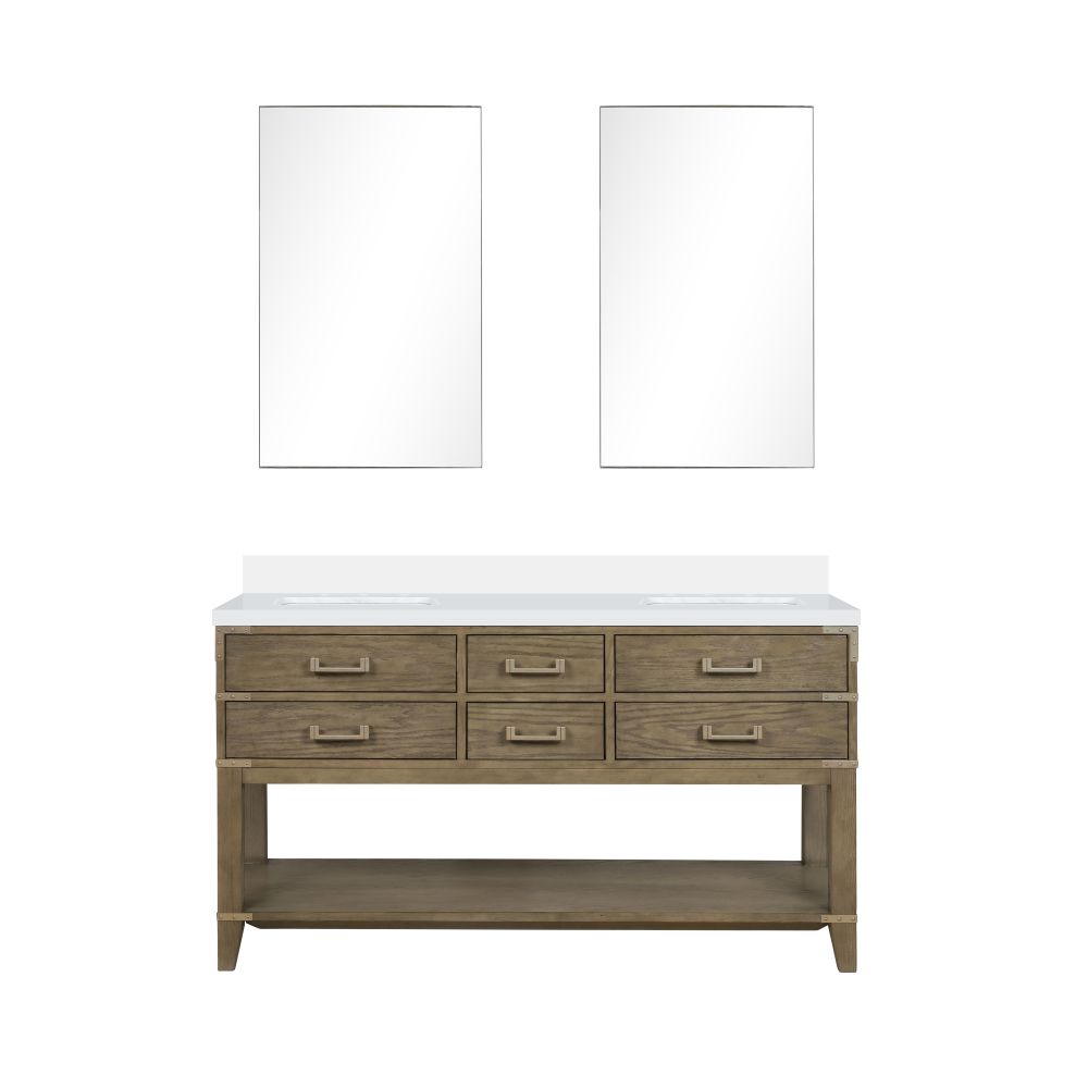 Norwalk 60 in W x 22 in. D Grey Oak Double Bath Vanity, White Quartz Top, and 28 in Mirrors