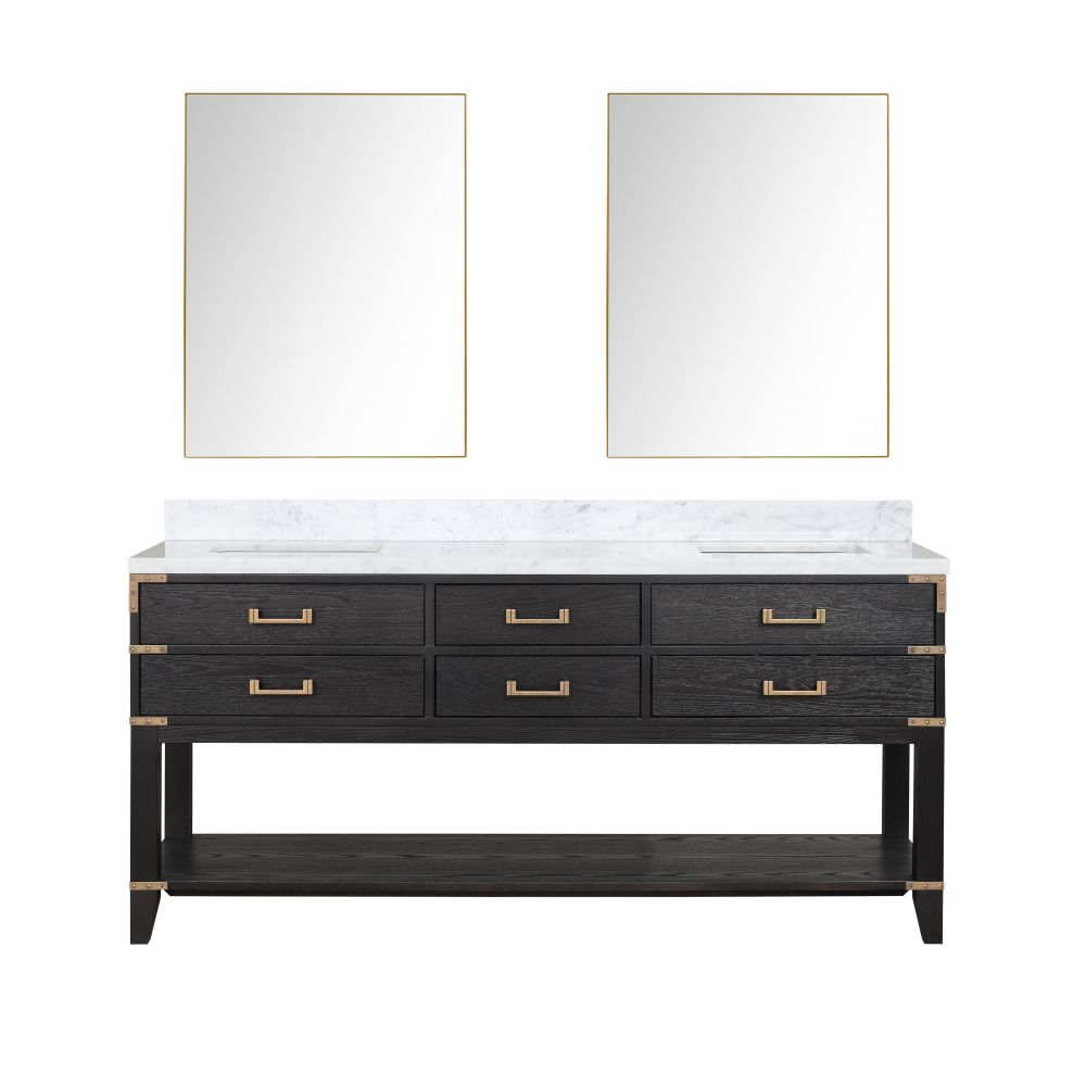 Norwalk 72 in W x 22 in. D Black Oak Double Bath Vanity, Carrara Marble Top, and 34 in Mirrors