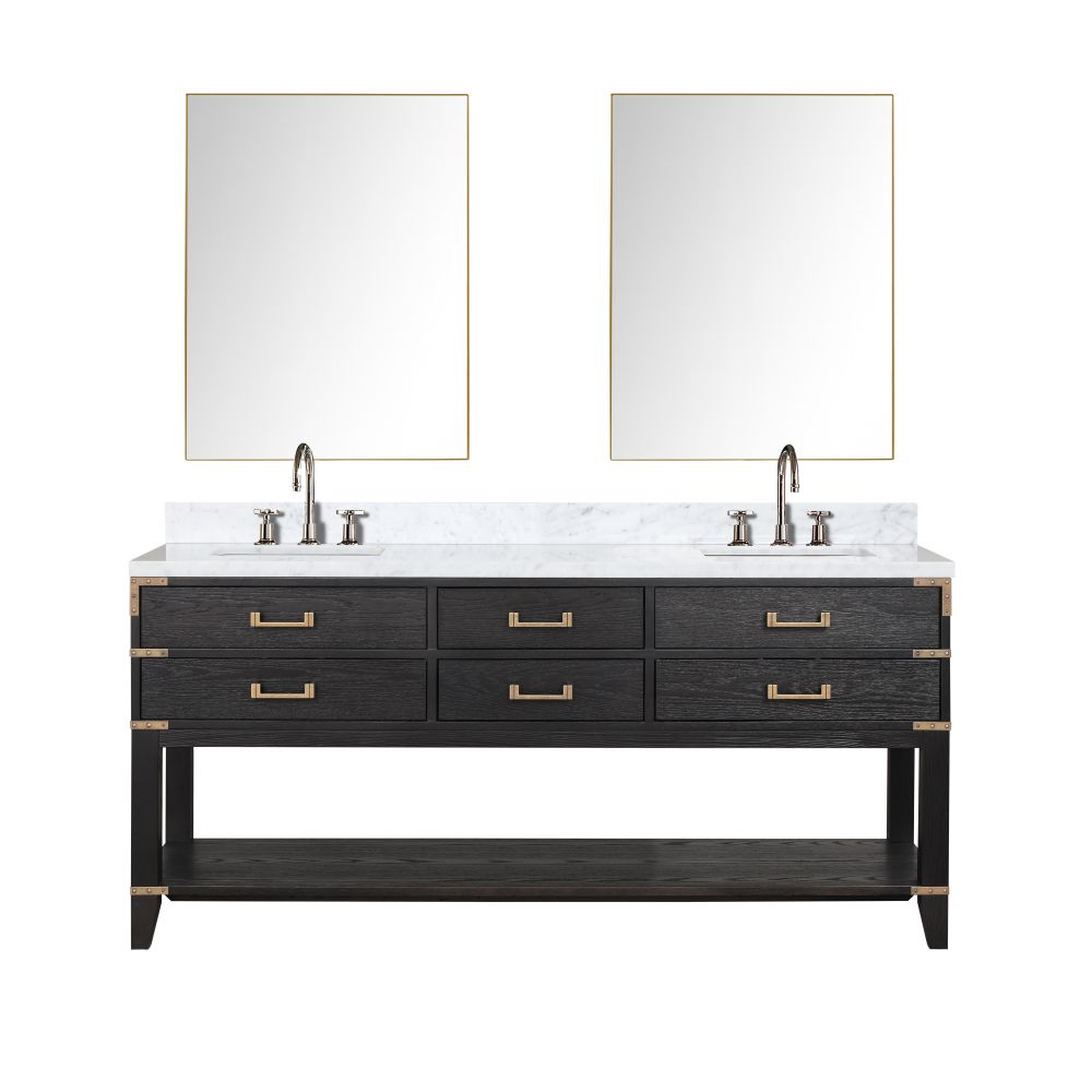 Norwalk 72 in W x 22 in. D Black Oak Double Bath Vanity, Carrara Marble Top, Faucet Set, and 34 in Mirrors
