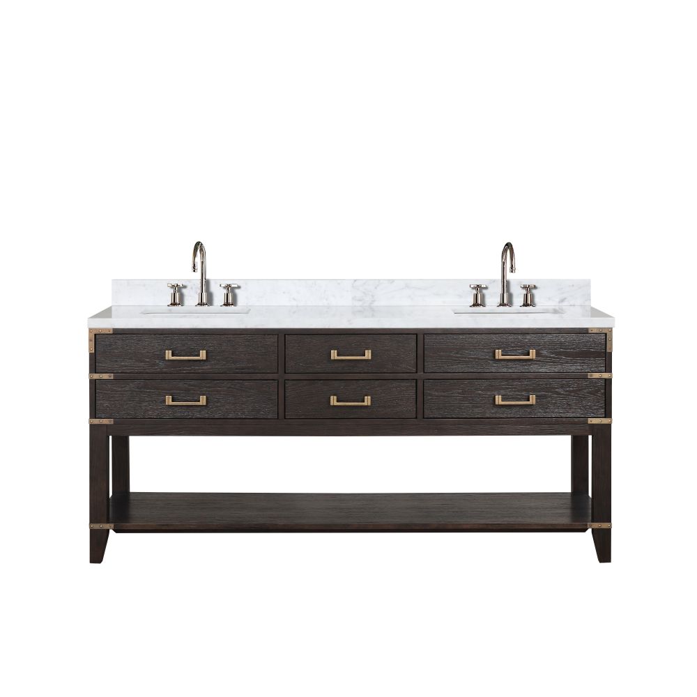 Norwalk 72 in W x 22 in. D Brown Oak Double Bath Vanity, Carrara Marble Top, and Faucet Set