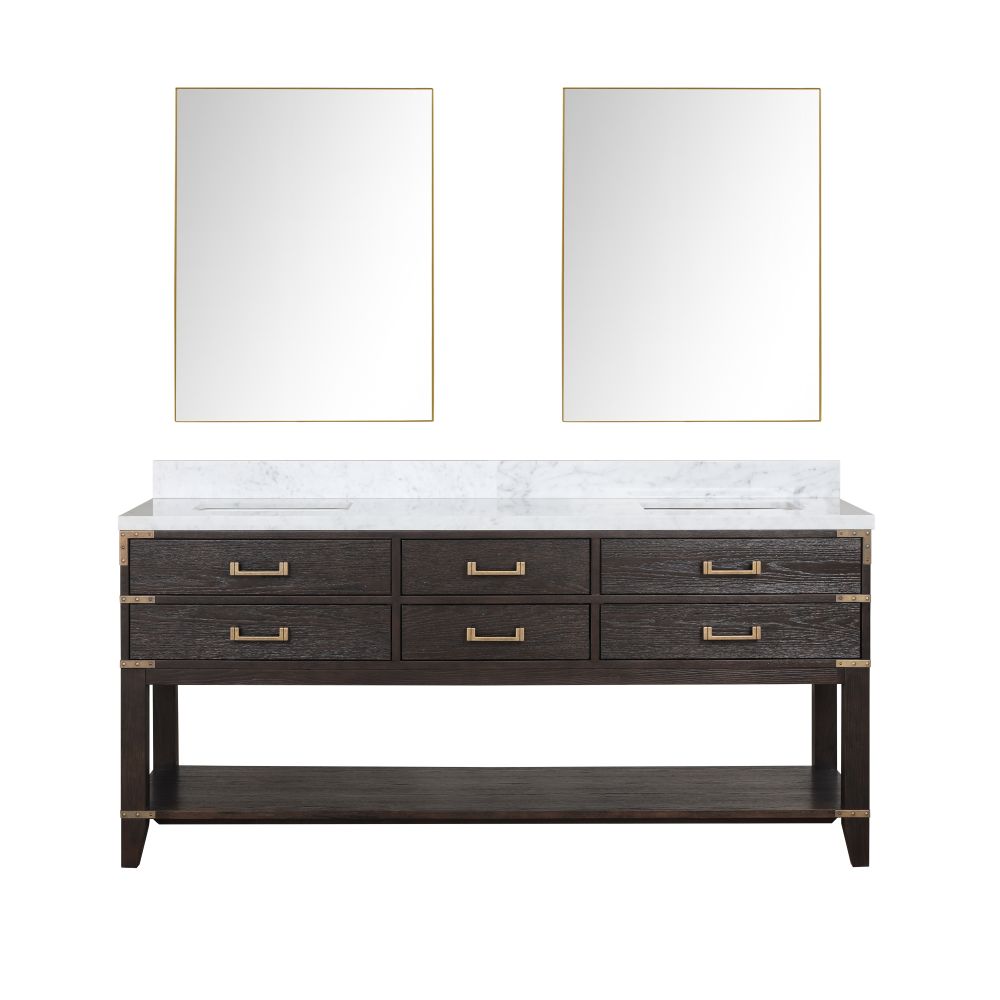 Norwalk 72 in W x 22 in. D Brown Oak Double Bath Vanity, Carrara Marble Top, and 34 in Mirrors