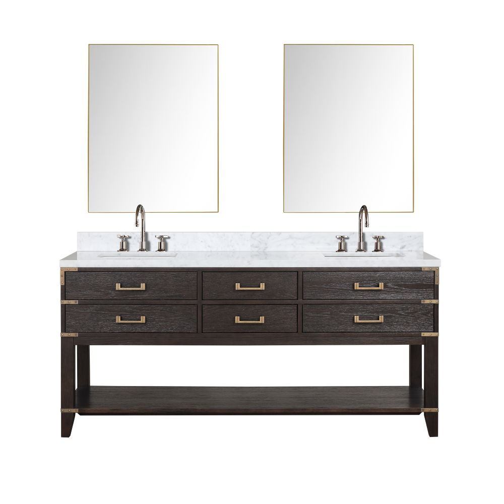 Norwalk 72 in W x 22 in. D Brown Oak Double Bath Vanity, Carrara Marble Top, Faucet Set, and 34 in Mirrors