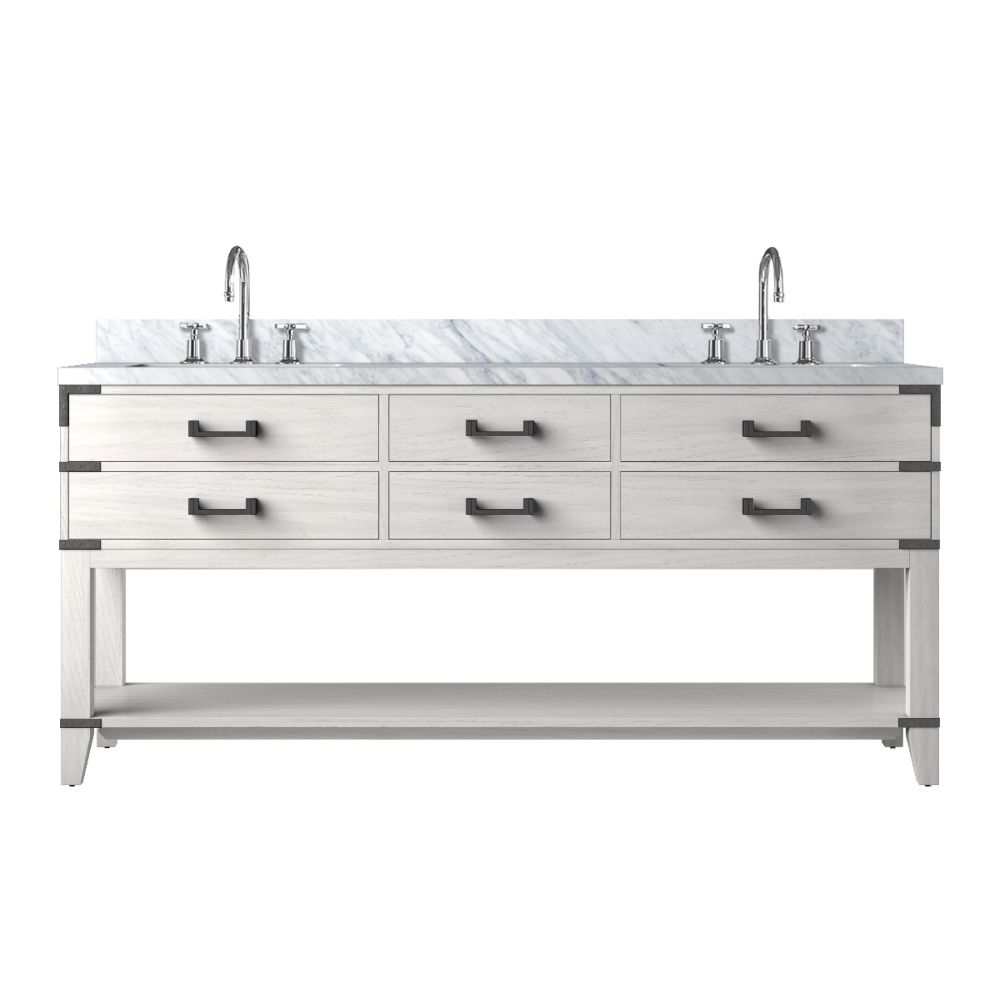 Norwalk 72 in W x 22 in. D White Oak Double Bath Vanity, Carrara Marble Top, and Faucet Set