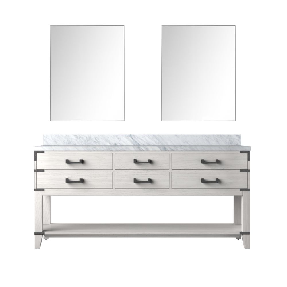 Norwalk 72 in W x 22 in. D White Oak Double Bath Vanity, Carrara Marble Top, and 34 in Mirrors