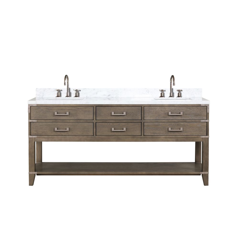Norwalk 72 in W x 22 in. D Grey Oak Double Bath Vanity, Carrara Marble Top, and Faucet Set
