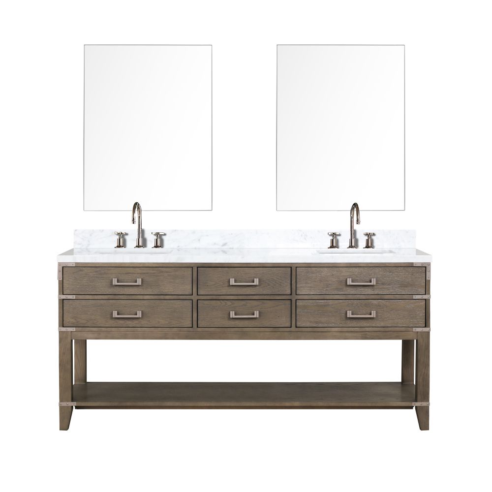 Norwalk 72 in W x 22 in. D Grey Oak Double Bath Vanity, Carrara Marble Top, Faucet Set, and 34 in Mirrors