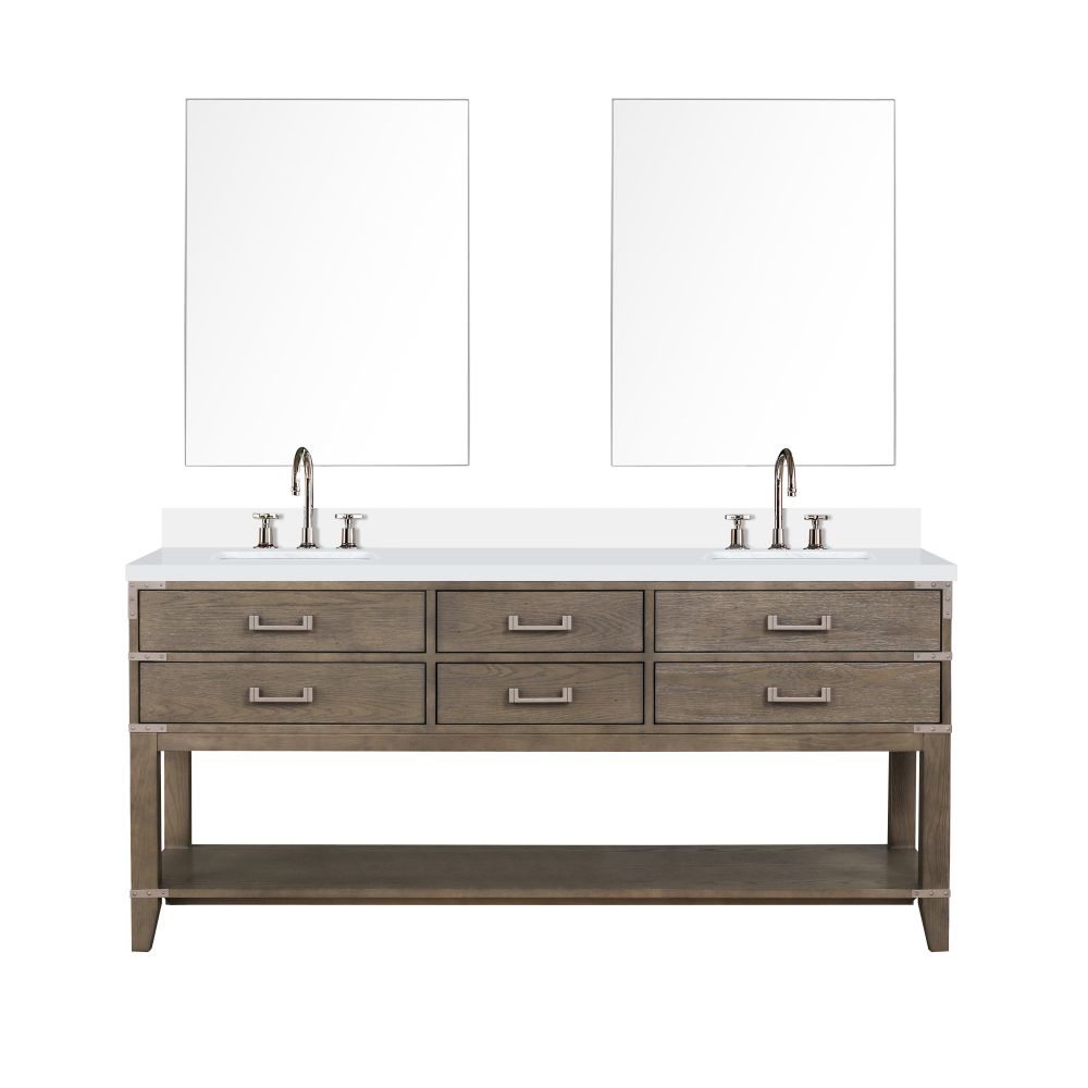 Norwalk 72 in W x 22 in. D Grey Oak Double Bath Vanity, White Quartz Top, Faucet Set, and 34 in Mirrors