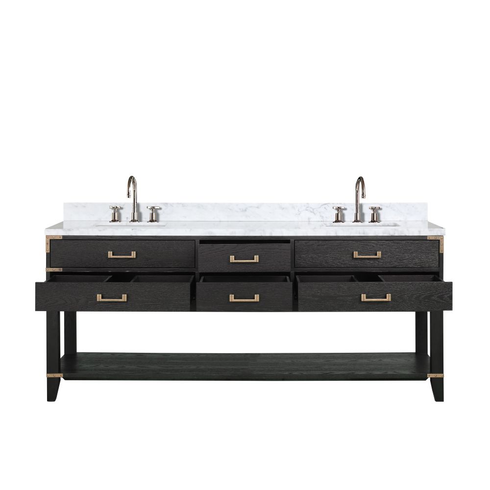 Norwalk 80 in W x 22 in. D Black Oak Double Bath Vanity, Carrara Marble Top, and Faucet Set