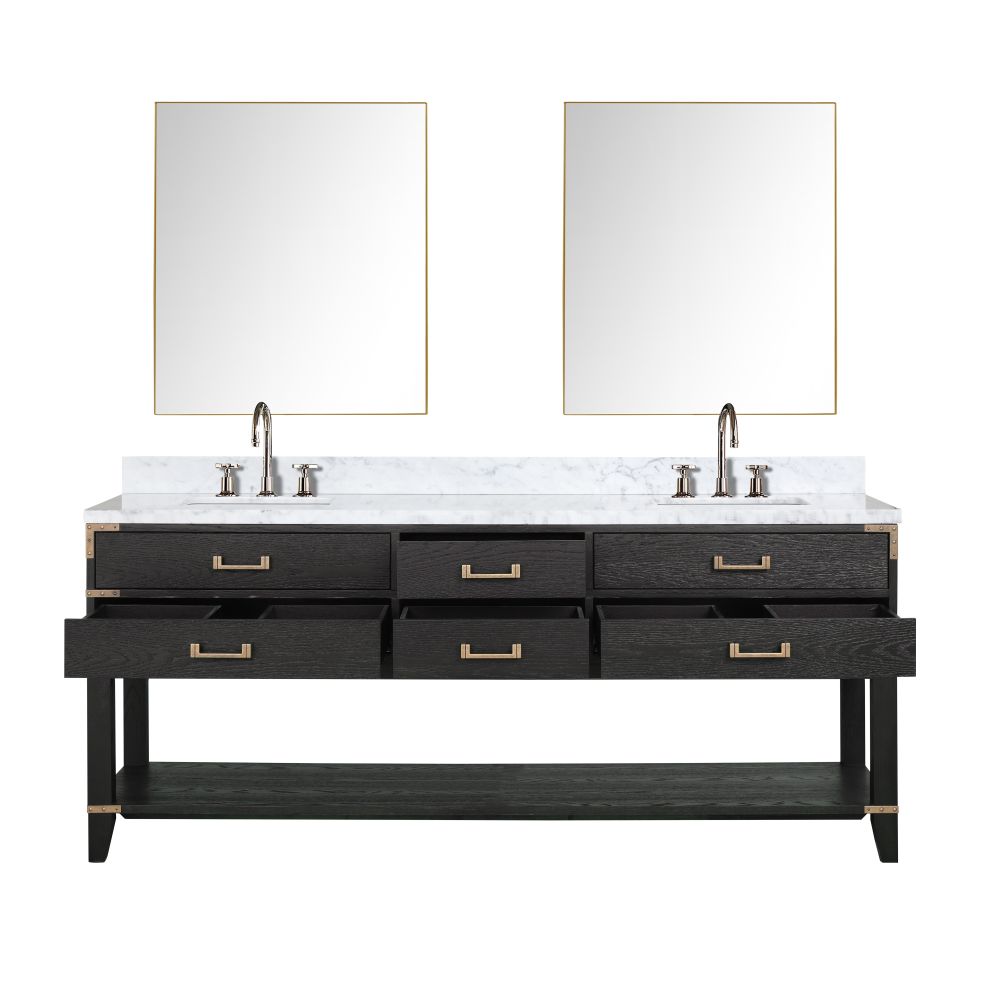 Norwalk 80 in W x 22 in. D Black Oak Double Bath Vanity, Carrara Marble Top, Faucet Set, and 36 in Mirrors