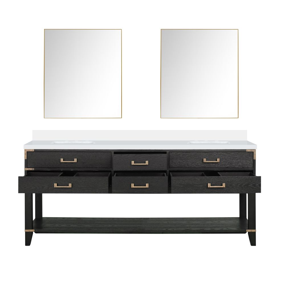 Norwalk 80 in W x 22 in. D Black Oak Double Bath Vanity, White Quartz Top, and 36 in Mirrors
