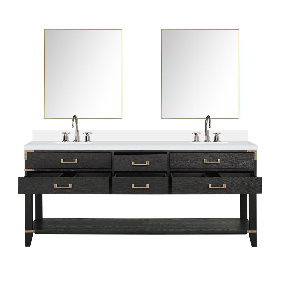 Norwalk 80 in W x 22 in. D Black Oak Double Bath Vanity, White Quartz Top, Faucet Set, and 36 in Mirrors