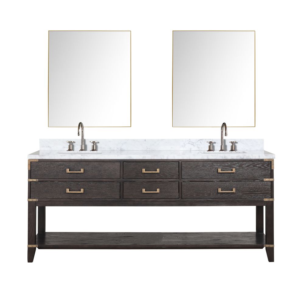 Norwalk 80 in W x 22 in. D Brown Oak Double Bath Vanity, Carrara Marble Top, Faucet Set, and 36 in Mirrors