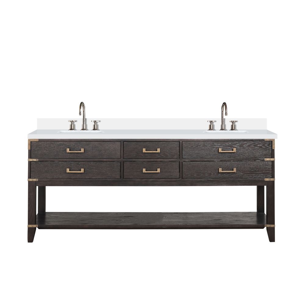 Norwalk 80 in W x 22 in. D Brown Oak Double Bath Vanity, White Quartz Top, and Faucet Set