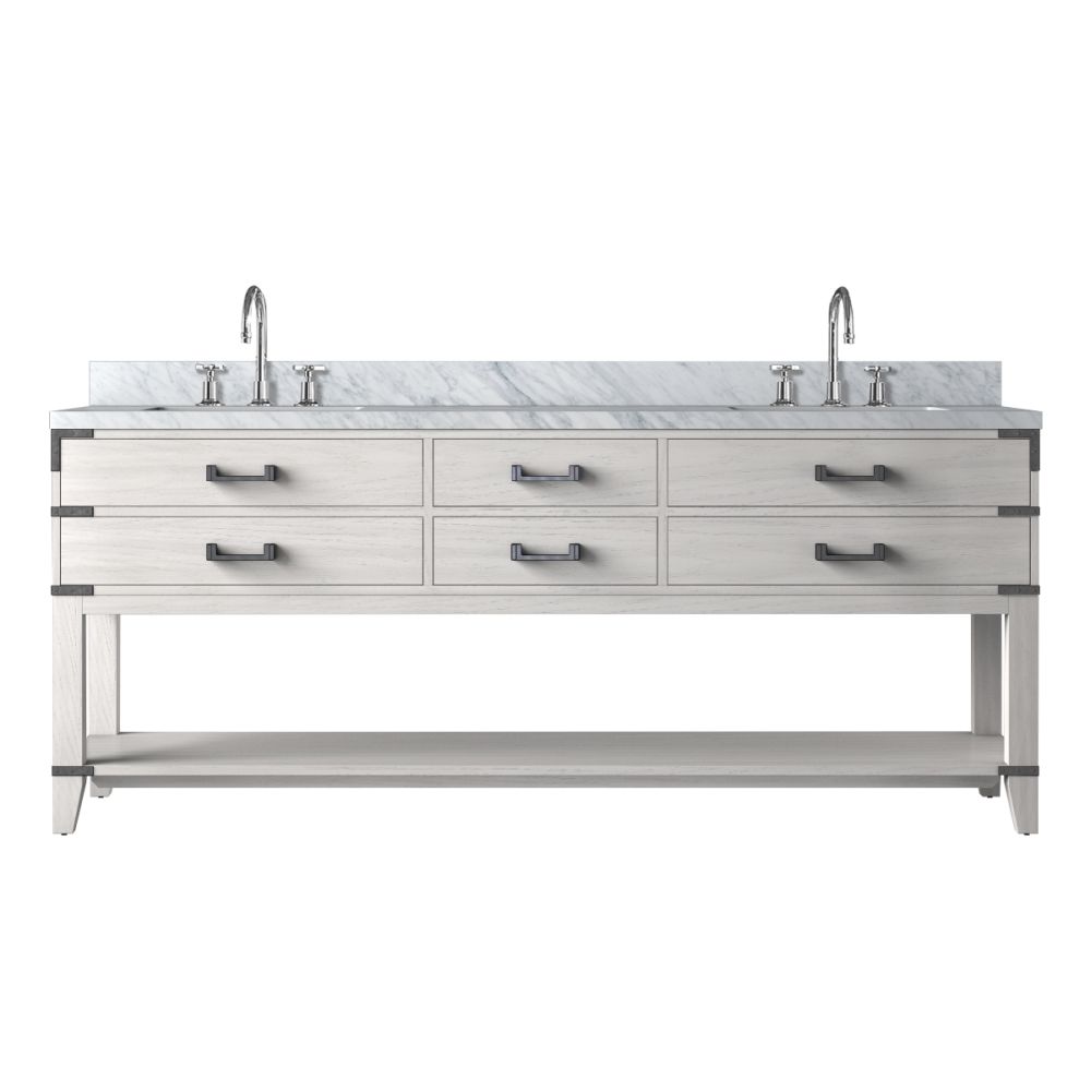 Norwalk 80 in W x 22 in. D White Oak Double Bath Vanity, Carrara Marble Top, and Faucet Set