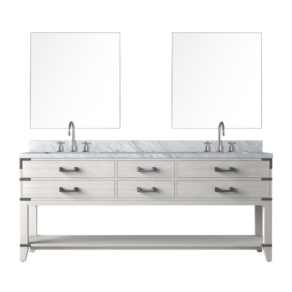 Norwalk 80 in W x 22 in. D White Oak Double Bath Vanity, Carrara Marble Top, Faucet Set, and 36 in Mirrors