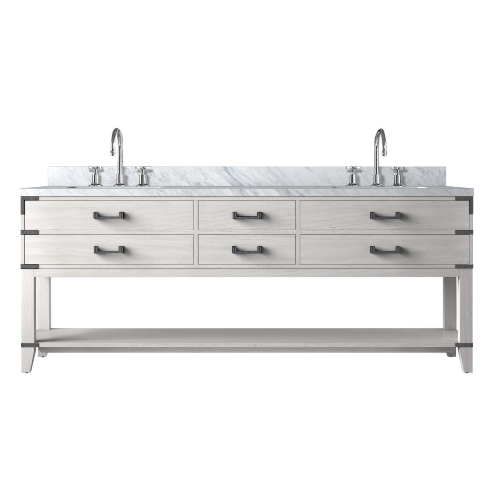 Norwalk 84 in W x 22 in. D White Oak Double Bath Vanity, Carrara Marble Top, and Faucet Set