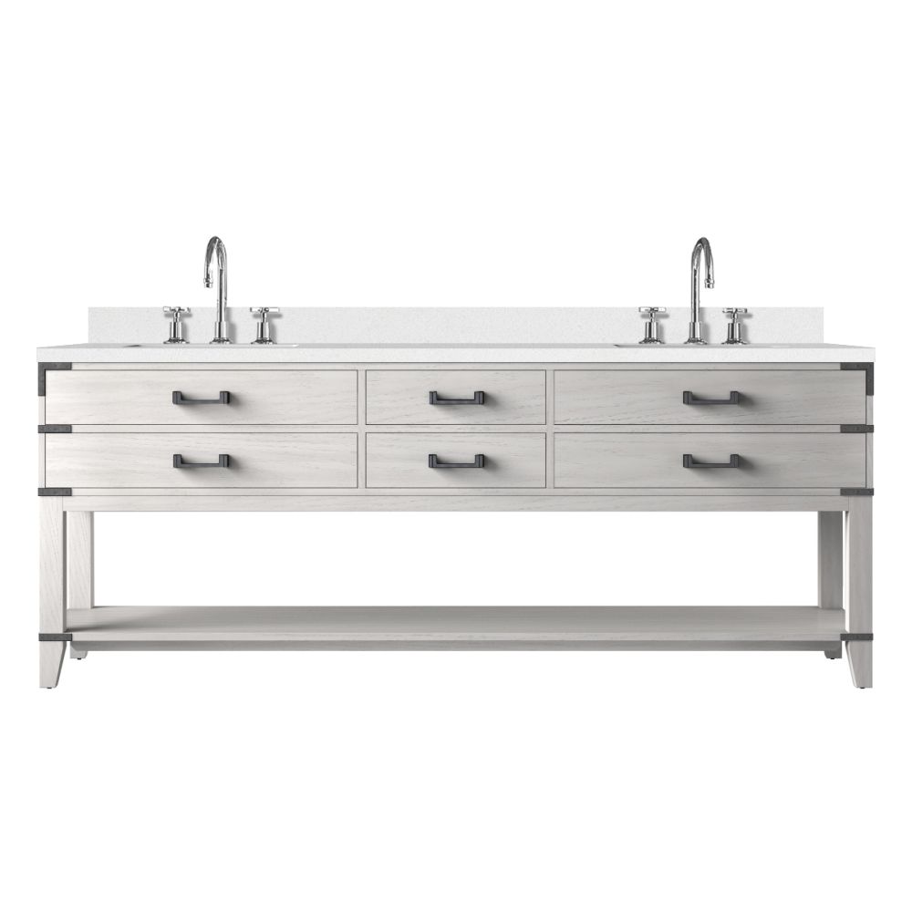 Norwalk 84 in W x 22 in. D White Oak Double Bath Vanity, White Quartz Top, and Faucet Set