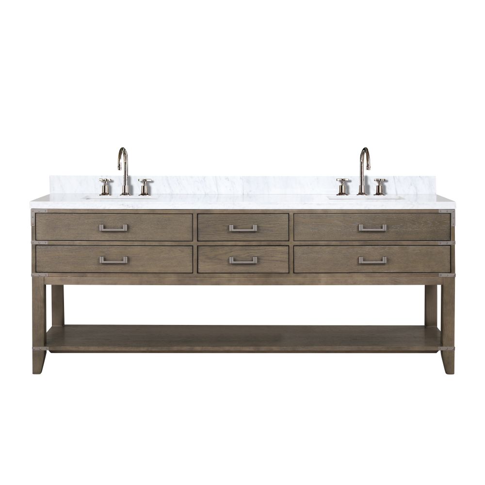 Norwalk 84 in W x 22 in. D Grey Oak Double Bath Vanity, Carrara Marble Top, and Faucet Set