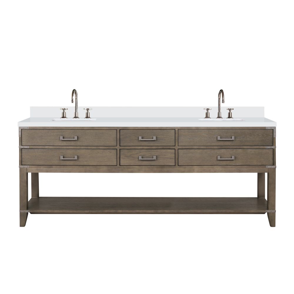 Norwalk 84 in W x 22 in. D Grey Oak Double Bath Vanity, White Quartz Top, and Faucet Set