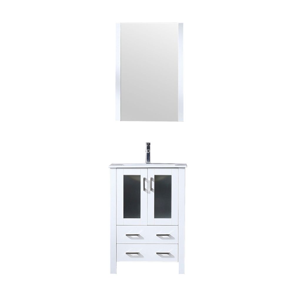Volez 24 in W x 18.25 in. D White Bath Vanity, White Ceramic Top, Faucet Set, and 22 in Mirror