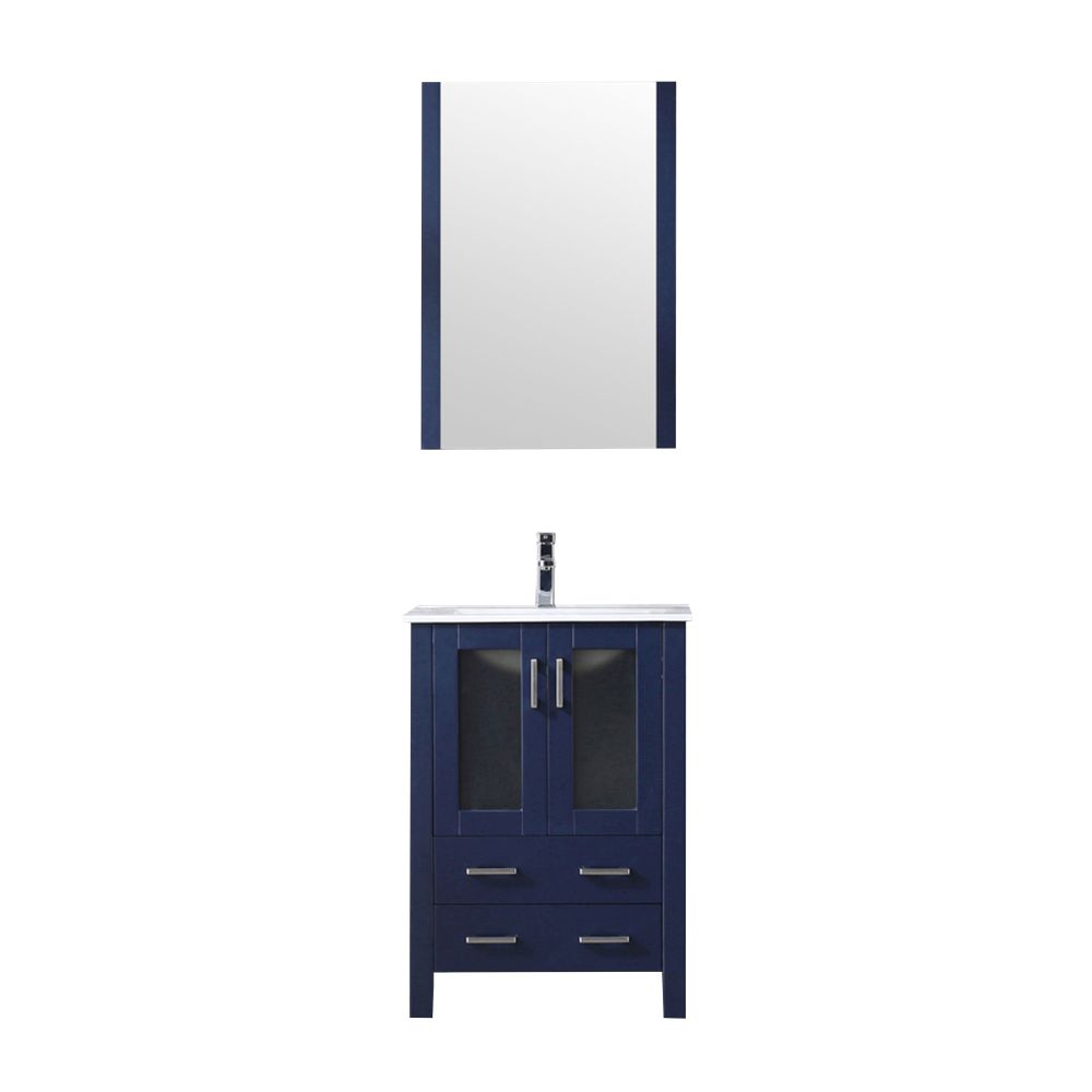 Volez 24 in W x 18.25 in. D Navy Blue Bath Vanity, White Ceramic Top, Faucet Set, and 22 in Mirror