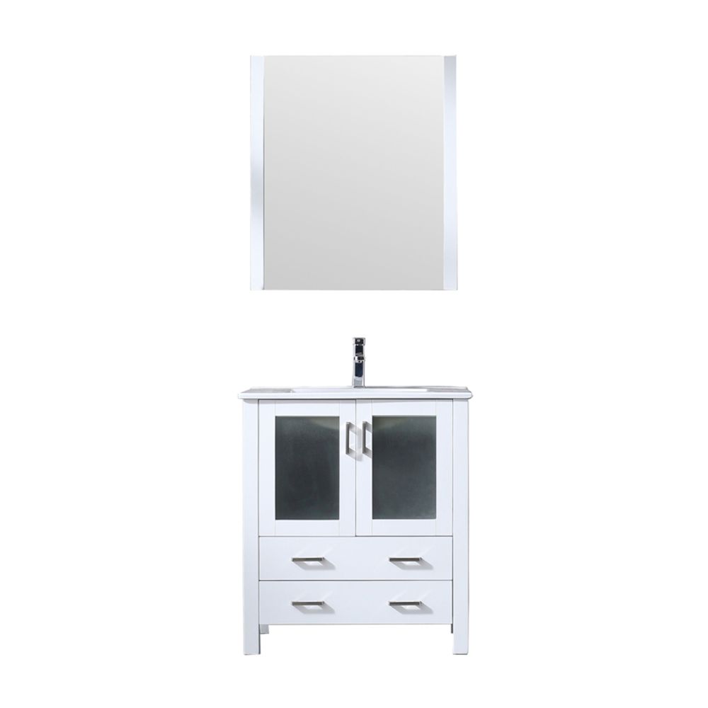 Volez 30 in W x 18.25 in. D White Bath Vanity, White Ceramic Top, Faucet Set, and 28 in Mirror